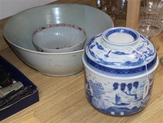 A Canton style blue and white tureen and cover, a large Chinese bowl and another bowl